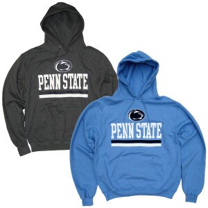 gray and light blue hooded sweatshirts with Athletic Logo, Penn State, and stripes